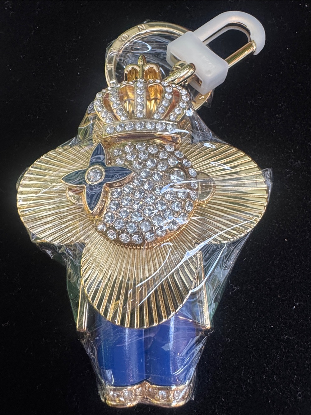 Key-charm bag charm Gold and Blue Crystal Crowned Keychain Charm